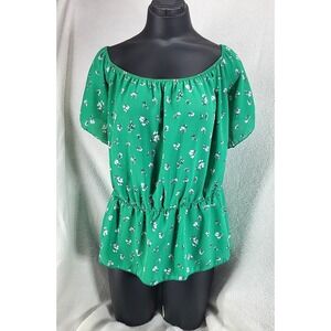 Y2k Rainbow Floral Peasant Blouse Plus Size 2X Boho Peplum Chiffon Green‎ Fairy